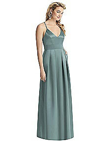 V-Neck Pleated Satin Gown with Pockets