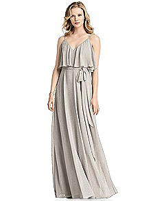 Shimmer V-Neck Gown with Ruffle Overlay Bodice